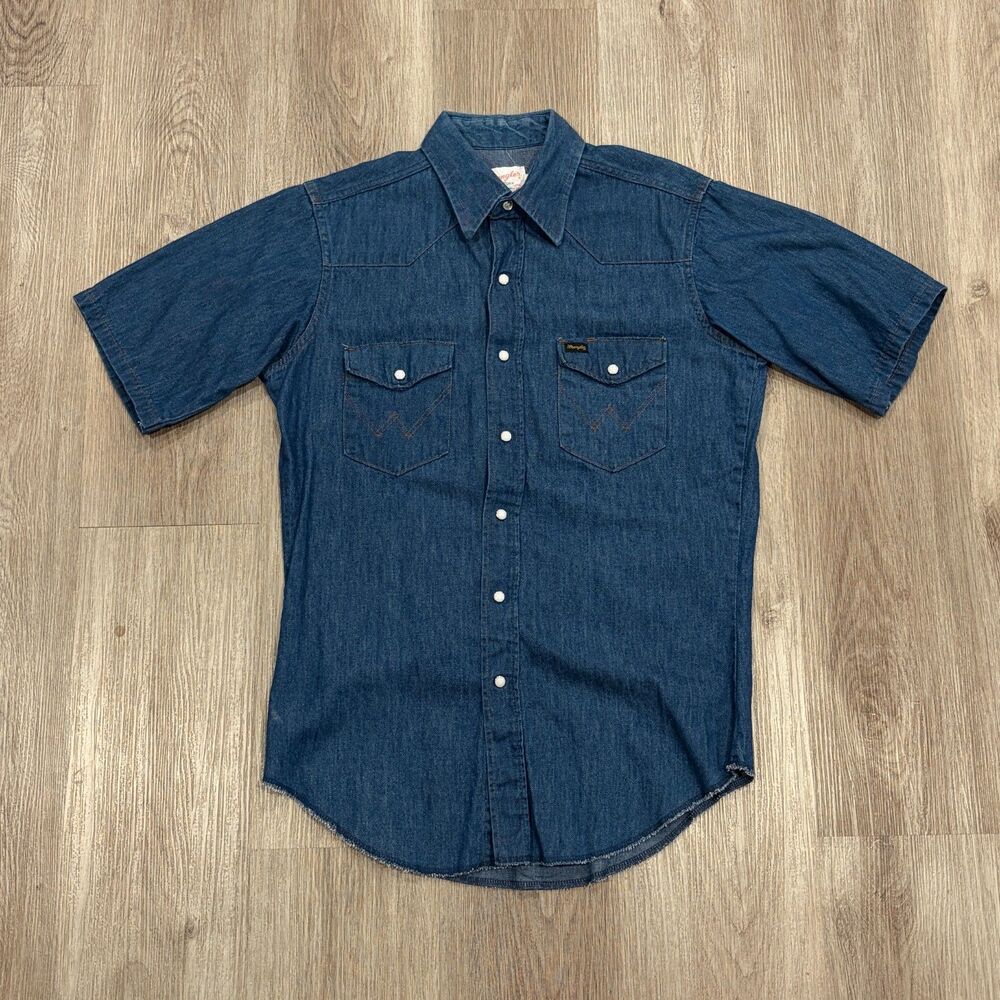 Vintage 60s Pre-Shrunk Wrangler Denim Pearl Snap Western Shirt USA Made Sz M/L
